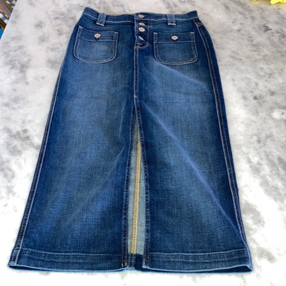 7 For All Mankind Button Fly Long Denim Jean Skirt - Picture 3 of 10
